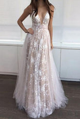 Beautiful A-Line Deep V-Neck Backless Lace Tulle Long Prom Dress